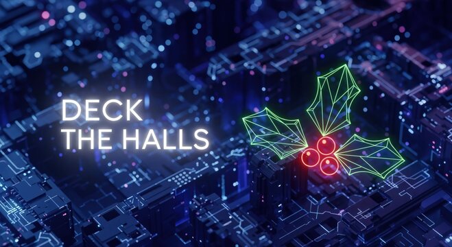 DECK THE HALLS glowing neon text on a futuristic digital circuit board background with wireframe holly and berries, modern Christmas holiday technology concept - Powered by Adobe