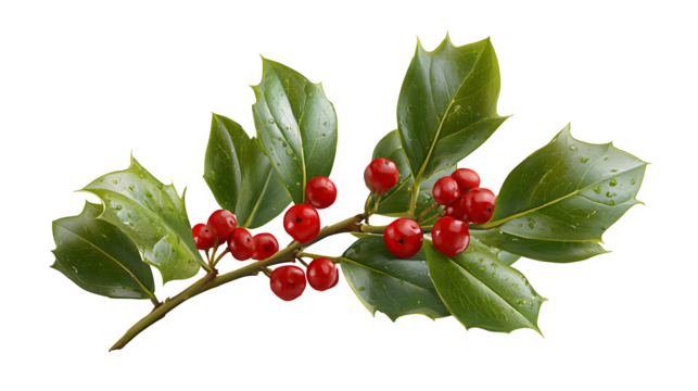 Lush holly branch with glossy leaves and red berries isolated on white background