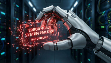 A metallic robotic hand holding a shattering red holographic screen displaying an "Error 404: System Failure" message in a dark server room.