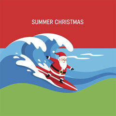 Naklejka premium Santa Claus surfing on a big ocean wave for a summer Christmas.