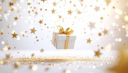 Elegant White Gift Box with Falling Gold Stars