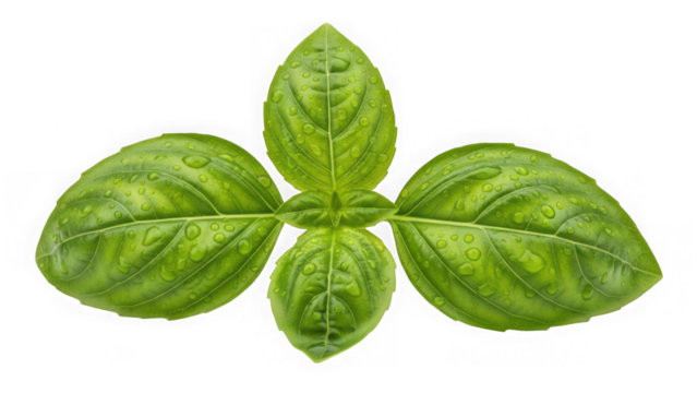 Fresh vibrant green basil herb leaves with glistening water droplets, isolated for culinary and healthy eating themes. isolated on transparent background