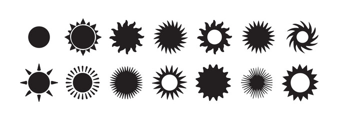 Set of sun icons, collection of various sun shapes, simple weather symbols, summer and heat solar signs