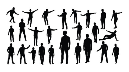 Collection of men silhouettes in diverse poses isolated on white background, Vector