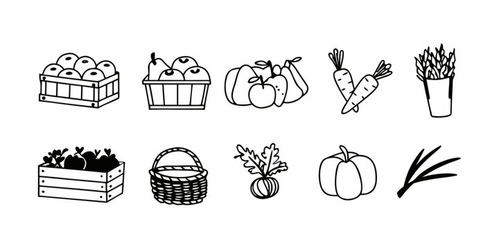 Set of hand-drawn vegetable and fruit icons, featuring carrots, pumpkins, asparagus, and baskets, perfect for culinary and agricultural themes