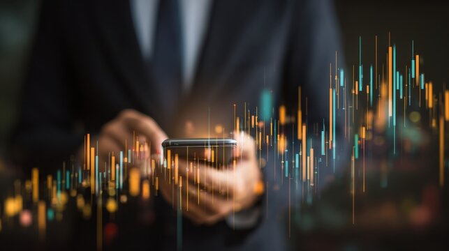 Person using smartphone with financial data visualization