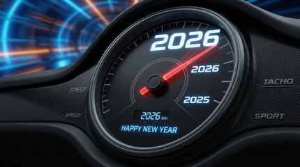 Futuristic car speedometer shows 2026 progress and transition toward advancement and future with dynamic motion and celebratory energy signaling progress and new moving to the year 2026 Concept