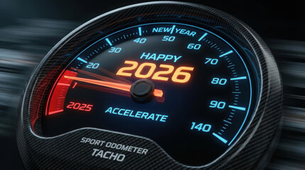 Happy 2026 accelerate future transition progress advancement as speedometer concept celebrating New Year momentum and motion moving to the year 2026 Concept
