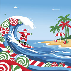 Santa Claus Surfing on a Candy Cane Wave.