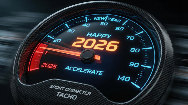 Happy 2026 accelerate future transition progress advancement as speedometer concept celebrating New Year momentum and motion moving to the year 2026 Concept