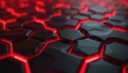 Dark gray hexagonal pattern with red glowing lines creates abstract background texture. Geometric shapes form tech surface. Modern digital wallpaper concept for future technology themes. Dynamic