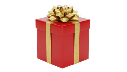 Obraz premium Red gift box with a shiny gold ribbon and elaborate bow, symbolizing celebration, holidays, surprise, and festive occasions. isolated on transparent background