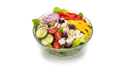 Fresh greek salad with feta cheese and vegetables isolated on white background