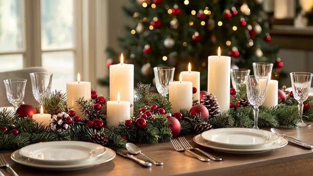 Festive Christmas dining table set with candles and garland. Holiday meal preparation and celebration. Cozy seasonal dinner footage