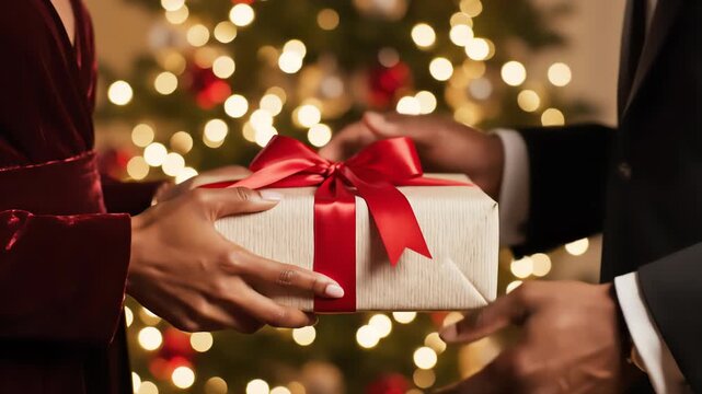 A festive moment showing two hands exchanging a beautifully wrapped gift, symbolizing generosity and holiday spirit, set against a blurred backdrop of a Christmas tree.