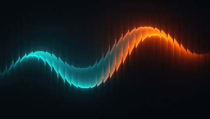 Neon glowing wave of cyan and orange light with sharp edges on a dark ribbed background 