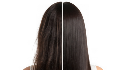 Hair before and after treatment, showing transformation from dry, frizzy to smooth, shiny, and healthy long dark hair. isolated on transparent background