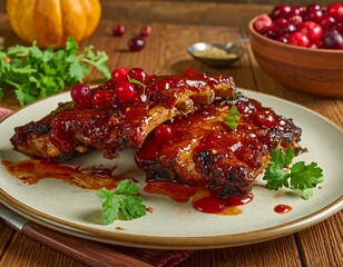 Delicious cranberry glazed ribs with fresh herbs on a rustic wooden table