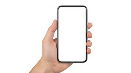 Hand holding modern smartphone with blank white screen for app display. isolated on transparent background. mockup. isolated on transparent background