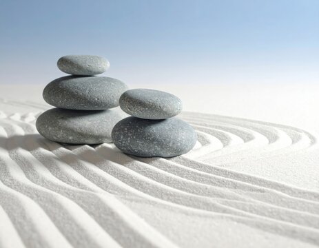 Stacked stones in raked white sand under a blue sky - Powered by Adobe