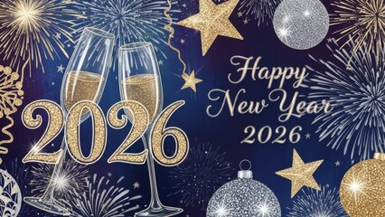 Sparkling 2026 New Year celebration with champagne flutes and dazzling fireworks for festive greetings and joyful holiday promotions
