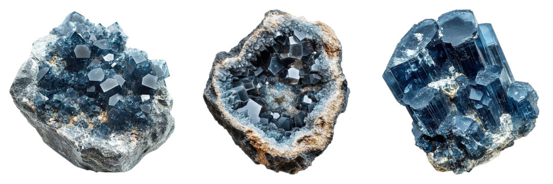 Three beautiful blue crystals, each unique and striking in its appearance, are displayed. The crystals glisten with an enchanting aura. - Powered by Adobe