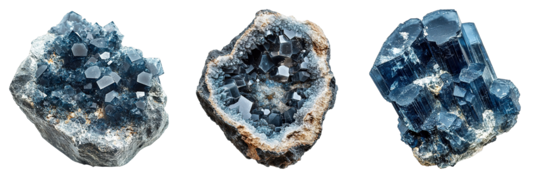 Three beautiful blue crystals, each unique and striking in its appearance, are displayed. The crystals glisten with an enchanting aura.