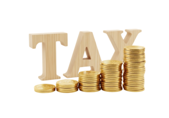 Tax word in wood letters with rising gold coin stacks financial