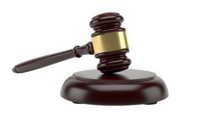 Traditional wooden justice gavel with golden band and sound block for law, auction, legal proceedings, and authority concept isolated on transparent background