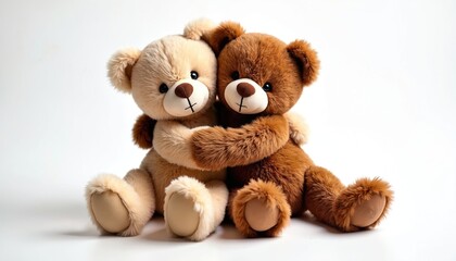 Two teddy bears hugging closely on white background. One bear is light brown and cream colored, the other is dark brown. They sit together showing affection and friendship.