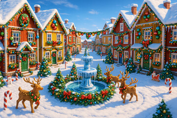 Cheerful Christmas Village Square with Frozen Fountain Snow and Decorations