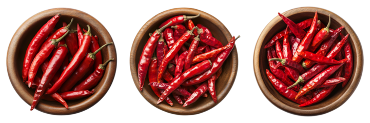 Three bowls filled with vibrant red chili peppers, presenting a striking visual of culinary ingredients