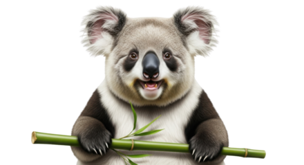 Cute koala panda hybrid animal holding a bamboo branch isolated PNG with Transparent Background