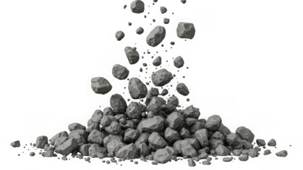 Rough gray stones and pebbles tumbling down, forming a heap, isolated for construction and natural themes. isolated on transparent background