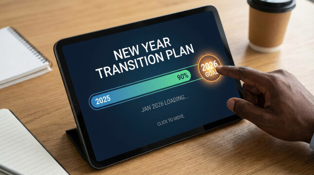 New year transition plan showing progress bar toward 2026 goal with future progress and advancement during transition in 2026 for strategic planning and motivation moving to the year 2026 Concept