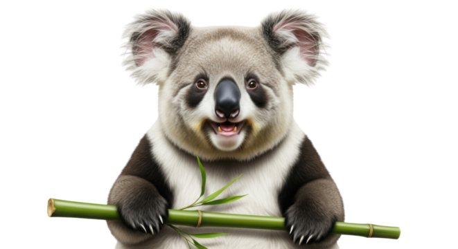 Cute koala panda hybrid animal holding a bamboo branch isolated PNG with Transparent Background