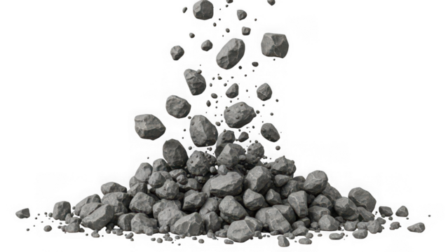 Rough gray stones and pebbles tumbling down, forming a heap, isolated for construction and natural themes. isolated on transparent background