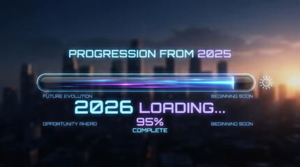 2026 loading progress bar showing future transition and advancement toward 2026 with urban skyline and technological progress feeling optimistic and dynamic moving to the year 2026 Concept