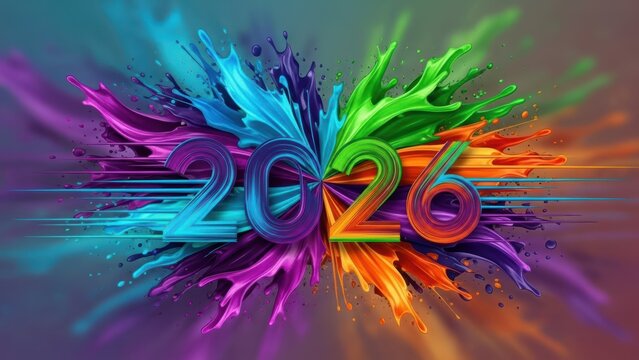 Vibrant 2026 new year celebration design with colorful paint splashes and dynamic fluid effects, perfect for modern greetings and festive promotions - Powered by Adobe