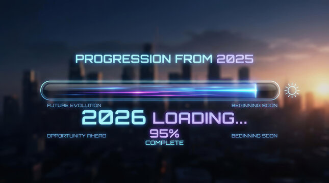 2026 loading progress bar showing future transition and advancement toward 2026 with urban skyline and technological progress feeling optimistic and dynamic moving to the year 2026 Concept