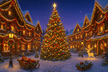 Festive Christmas Plaza with Giant Decorated Tree Snow Lights and Sleigh