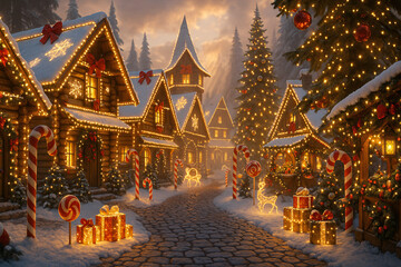 Magical Christmas Fairy Tale Village at Sunset with Snow, Lights and Candy Canes