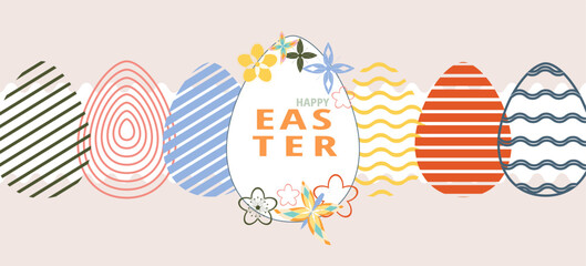 Happy Easter greeting banner posters card frame typography. Linear swirls design with Bunny rabbit, Easter eggs, spring plants. Set Template for advertising, web, social media