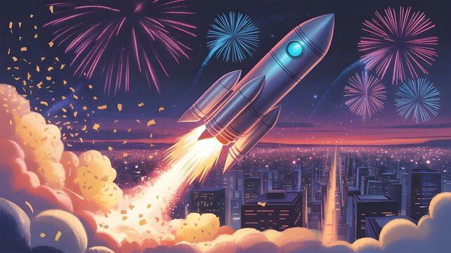 Rocket launch over vibrant cityscape fireworks - Powered by Adobe
