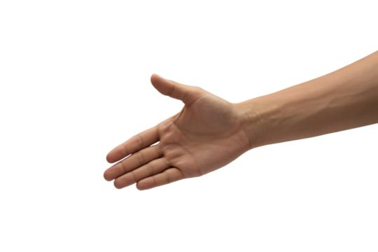 Open hand ready for a handshake, greeting, or offering assistance, perfect for business concepts, collaboration, and welcoming new opportunities