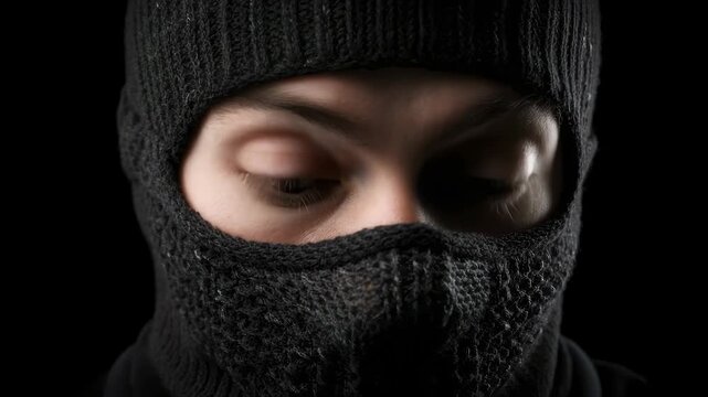 Close-up of a person's intense eyes visible through a black knit balaclava, creating a mysterious and confrontational atmosphere.