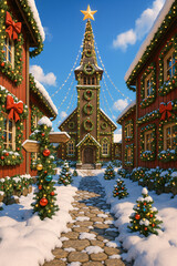 Classic Snowy Christmas Village Path with Decorated Tower and Garlands