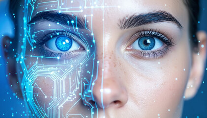 Extreme close-up of a human eye transforming into a glowing digital cyborg circuit. Concept of biometric retinal scanning, AI vision, and cyber security.
