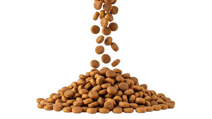 Dry pet food kibble pouring and forming a textured pile, perfect for dog or cat nutrition and animal care concepts. isolated on transparent background