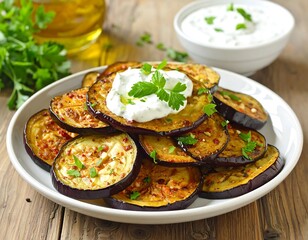 Delicious grilled eggplant with creamy yogurt sauce and fresh herbs on a plate